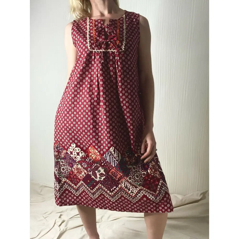 VINTAGE 1960's Bohemian Red Patchwork Ric Rac Dress SMALL - Picture 2 of 16